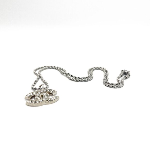Authentic CHANEL CC Rhinestone Charm Pendant Necklace Silver Chain - Picture 6 of 9